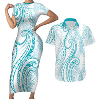 Polynesia Plumeria Lei Couples Matching Short Sleeve Bodycon Dress and Hawaiian Shirt White Turquoise Curves Motif LT7 Turquoise - Polynesian Pride