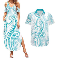 Polynesia Plumeria Lei Couples Matching Summer Maxi Dress and Hawaiian Shirt White Turquoise Curves Motif LT7 Turquoise - Polynesian Pride