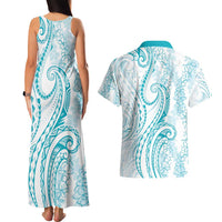Polynesia Plumeria Lei Couples Matching Tank Maxi Dress and Hawaiian Shirt White Turquoise Curves Motif LT7 - Polynesian Pride