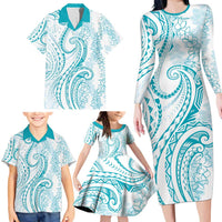 Polynesia Plumeria Lei Family Matching Long Sleeve Bodycon Dress and Hawaiian Shirt White Turquoise Curves Motif LT7 - Polynesian Pride