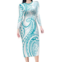 Polynesia Plumeria Lei Family Matching Long Sleeve Bodycon Dress and Hawaiian Shirt White Turquoise Curves Motif LT7 Mom's Dress Turquoise - Polynesian Pride