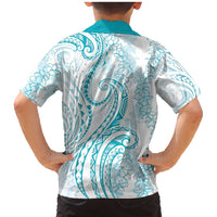 Polynesia Plumeria Lei Family Matching Mermaid Dress and Hawaiian Shirt White Turquoise Curves Motif LT7 - Polynesian Pride