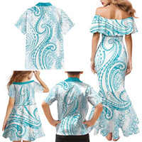 Polynesia Plumeria Lei Family Matching Mermaid Dress and Hawaiian Shirt White Turquoise Curves Motif LT7 - Polynesian Pride