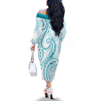 Polynesia Plumeria Lei Family Matching Off The Shoulder Long Sleeve Dress and Hawaiian Shirt White Turquoise Curves Motif LT7 - Polynesian Pride
