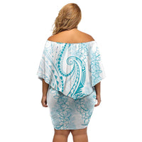 Polynesia Plumeria Lei Family Matching Off Shoulder Short Dress and Hawaiian Shirt White Turquoise Curves Motif LT7 - Polynesian Pride
