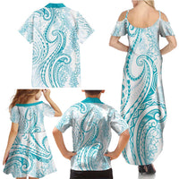 Polynesia Plumeria Lei Family Matching Summer Maxi Dress and Hawaiian Shirt White Turquoise Curves Motif LT7 - Polynesian Pride