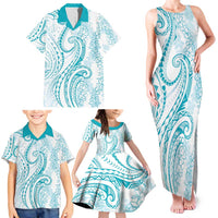 Polynesia Plumeria Lei Family Matching Tank Maxi Dress and Hawaiian Shirt White Turquoise Curves Motif LT7 - Polynesian Pride