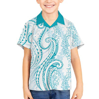 Polynesia Plumeria Lei Family Matching Tank Maxi Dress and Hawaiian Shirt White Turquoise Curves Motif LT7 Son's Shirt Turquoise - Polynesian Pride