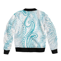 Polynesia Plumeria Lei Sleeve Zip Bomber Jacket White Turquoise Curves Motif