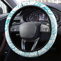 Polynesia Plumeria Lei Steering Wheel Cover White Turquoise Curves Motif