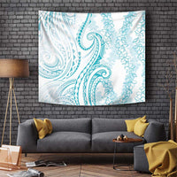 Polynesia Plumeria Lei Tapestry White Turquoise Curves Motif