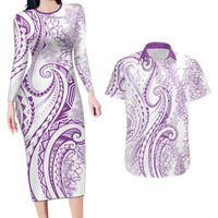 Polynesia Plumeria Lei Couples Matching Long Sleeve Bodycon Dress and Hawaiian Shirt White Violet Curves Motif LT7 Violet - Polynesian Pride