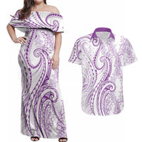 Polynesia Plumeria Lei Couples Matching Off Shoulder Maxi Dress and Hawaiian Shirt White Violet Curves Motif LT7 Violet - Polynesian Pride