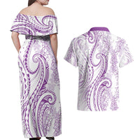 Polynesia Plumeria Lei Couples Matching Off Shoulder Maxi Dress and Hawaiian Shirt White Violet Curves Motif LT7 - Polynesian Pride