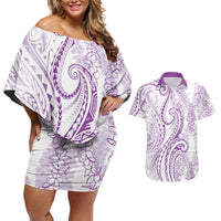 Polynesia Plumeria Lei Couples Matching Off Shoulder Short Dress and Hawaiian Shirt White Violet Curves Motif LT7 Violet - Polynesian Pride