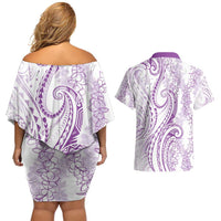 Polynesia Plumeria Lei Couples Matching Off Shoulder Short Dress and Hawaiian Shirt White Violet Curves Motif LT7 - Polynesian Pride