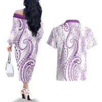 Polynesia Plumeria Lei Couples Matching Off The Shoulder Long Sleeve Dress and Hawaiian Shirt White Violet Curves Motif LT7 - Polynesian Pride
