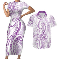 Polynesia Plumeria Lei Couples Matching Short Sleeve Bodycon Dress and Hawaiian Shirt White Violet Curves Motif LT7 Violet - Polynesian Pride