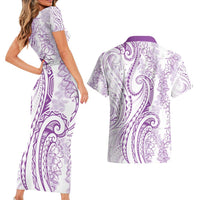 Polynesia Plumeria Lei Couples Matching Short Sleeve Bodycon Dress and Hawaiian Shirt White Violet Curves Motif LT7 - Polynesian Pride