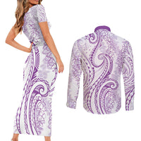 Polynesia Plumeria Lei Couples Matching Short Sleeve Bodycon Dress and Long Sleeve Button Shirt White Violet Curves Motif LT7 - Polynesian Pride