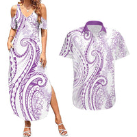 Polynesia Plumeria Lei Couples Matching Summer Maxi Dress and Hawaiian Shirt White Violet Curves Motif LT7 Violet - Polynesian Pride
