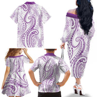 Polynesia Plumeria Lei Family Matching Off The Shoulder Long Sleeve Dress and Hawaiian Shirt White Violet Curves Motif LT7 - Polynesian Pride