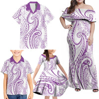 Polynesia Plumeria Lei Family Matching Off Shoulder Maxi Dress and Hawaiian Shirt White Violet Curves Motif LT7 - Polynesian Pride