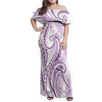 Polynesia Plumeria Lei Family Matching Off Shoulder Maxi Dress and Hawaiian Shirt White Violet Curves Motif LT7 Mom's Dress Violet - Polynesian Pride