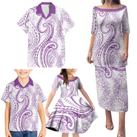 Polynesia Plumeria Lei Family Matching Puletasi and Hawaiian Shirt White Violet Curves Motif LT7 - Polynesian Pride