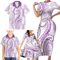 Polynesia Plumeria Lei Family Matching Short Sleeve Bodycon Dress and Hawaiian Shirt White Violet Curves Motif LT7 - Polynesian Pride