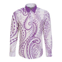 Polynesia Plumeria Lei Long Sleeve Button Shirt White Violet Curves Motif