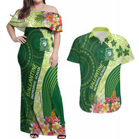 Fiji Ballantine Memorial High School Personalised Couples Matching Off Shoulder Maxi Dress and Hawaiian Shirt Masi Tapa Mix Plumeria LT7 Green - Polynesian Pride