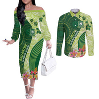 Fiji Ballantine Memorial High School Personalised Couples Matching Off The Shoulder Long Sleeve Dress and Long Sleeve Button Shirt Masi Tapa Mix Plumeria LT7 Green - Polynesian Pride