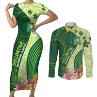 Fiji Ballantine Memorial High School Personalised Couples Matching Short Sleeve Bodycon Dress and Long Sleeve Button Shirt Masi Tapa Mix Plumeria LT7 Green - Polynesian Pride
