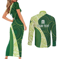 Fiji Ballantine Memorial High School Personalised Couples Matching Short Sleeve Bodycon Dress and Long Sleeve Button Shirt Masi Tapa Mix Plumeria LT7 - Polynesian Pride