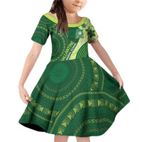 Fiji Ballantine Memorial High School Personalised Family Matching Off Shoulder Short Dress and Hawaiian Shirt Masi Tapa Mix Plumeria LT7 Daughter's Dress Green - Polynesian Pride