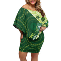 Fiji Ballantine Memorial High School Personalised Off Shoulder Short Dress Masi Tapa Mix Plumeria LT7 Women Green - Polynesian Pride