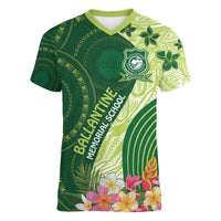 Fiji Ballantine Memorial High School Personalised Women V-Neck T-Shirt Masi Tapa Mix Plumeria LT7 Female Green - Polynesian Pride