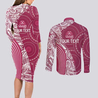 Fiji Adi Cakobau School Personalised Couples Matching Long Sleeve Bodycon Dress and Long Sleeve Button Shirt Masi Tapa Mix Plumeria LT7 - Polynesian Pride