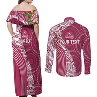 Fiji Adi Cakobau School Personalised Couples Matching Off Shoulder Maxi Dress and Long Sleeve Button Shirt Masi Tapa Mix Plumeria LT7 - Polynesian Pride