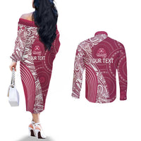 Fiji Adi Cakobau School Personalised Couples Matching Off The Shoulder Long Sleeve Dress and Long Sleeve Button Shirt Masi Tapa Mix Plumeria LT7 - Polynesian Pride