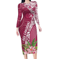 Fiji Adi Cakobau School Personalised Long Sleeve Bodycon Dress Masi Tapa Mix Plumeria LT7 Long Dress Maroon - Polynesian Pride