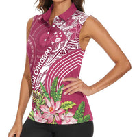 Fiji Adi Cakobau School Personalised Women Sleeveless Polo Shirt Masi Tapa Mix Plumeria LT7 - Polynesian Pride