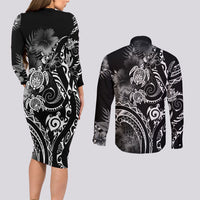 Aloha Hawaii Turtles Floral Couples Matching Long Sleeve Bodycon Dress and Long Sleeve Button Shirt Obsidian Glaze