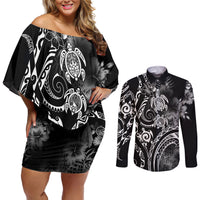 Aloha Hawaii Turtles Floral Couples Matching Off Shoulder Short Dress and Long Sleeve Button Shirt Obsidian Glaze