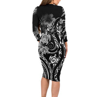 Aloha Hawaii Turtles Floral Family Matching Long Sleeve Bodycon Dress and Hawaiian Shirt Obsidian Glaze