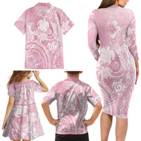 Aloha Hawaii Turtles Floral Family Matching Long Sleeve Bodycon Dress and Hawaiian Shirt Pink Marbles Glaze