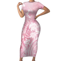 Aloha Hawaii Turtles Floral Family Matching Short Sleeve Bodycon Dress and Hawaiian Shirt Pink Marbles Glaze