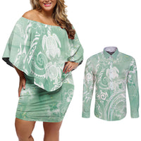 Aloha Hawaii Turtles Floral Couples Matching Off Shoulder Short Dress and Long Sleeve Button Shirt Seafoam Marbles Glaze