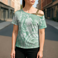 Aloha Hawaii Turtles Floral Cross Shoulder Shirt Seafoam Marbles Glaze
